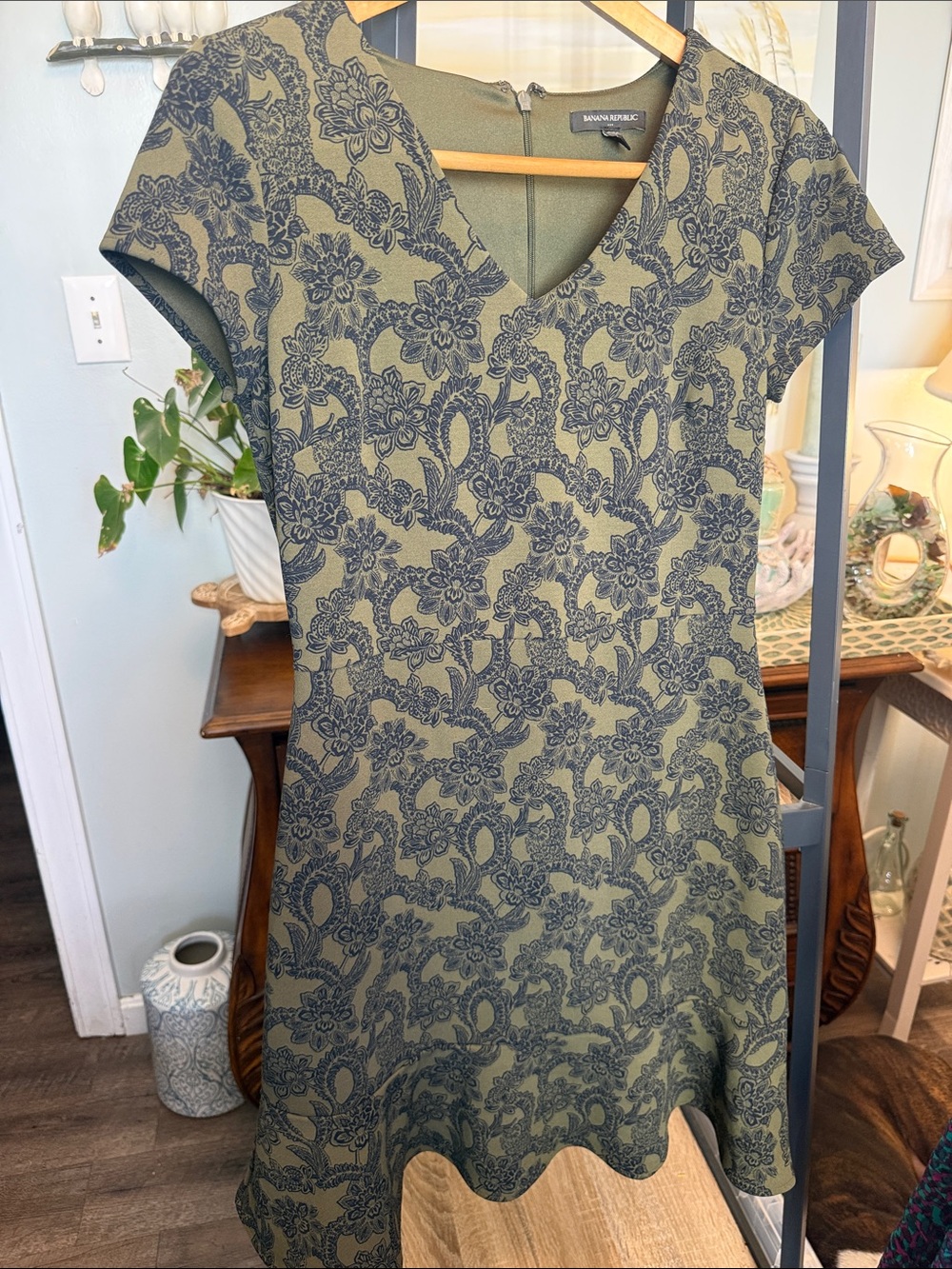 Banana Republic Olive Green Floral V-Neck Midi Dress